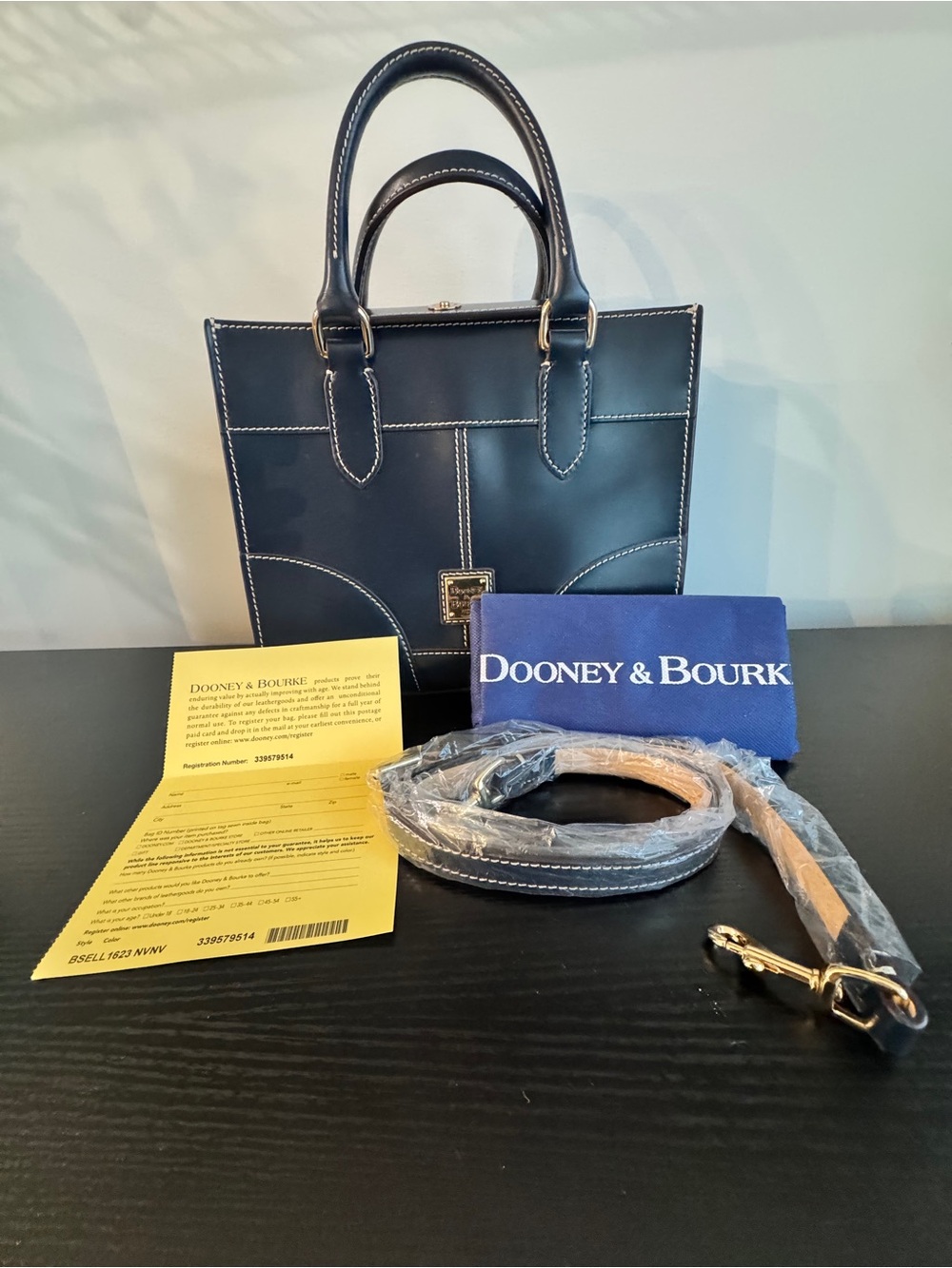 Dooney & Bourke Navy Leather Satchel with White Stitching